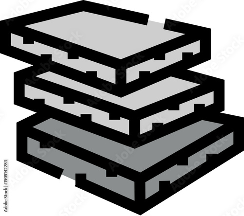 Stacked layers represent a composite material cross section, illustrating insulation or building panels, highlighting the internal structure and various elements
