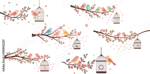 Colorful birds on branches with hanging lanterns in various positions