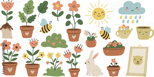 Whimsical illustration of potted plants and garden creatures on white background