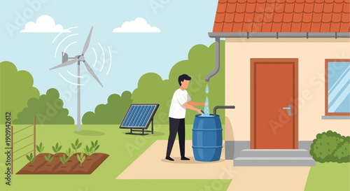 Person collecting rainwater at a house with renewable energy sources.