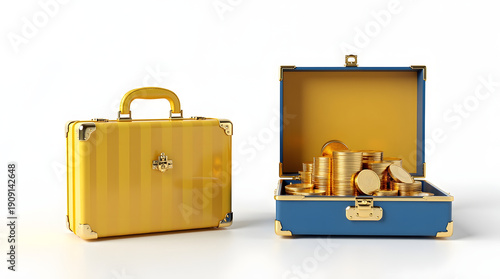 A striking yellow and blue suitcase overflowing with shiny coins, symbolizing wealth and prosperity.