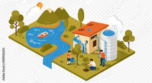 Isometric scene of rural life with a house and river.
