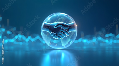 Wallpaper Mural A digital representation of two hands shaking inside a globe, symbolizing global cooperation and unity. Torontodigital.ca