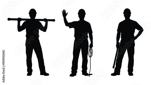 Three silhouettes of people holding different objects in a line. isolated on white background, Vector