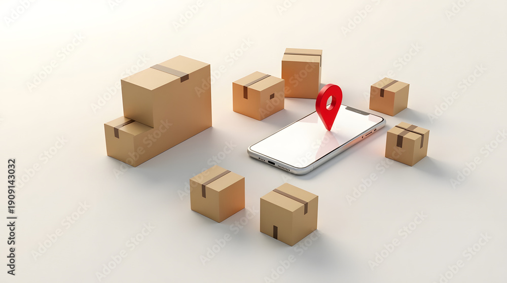 Fototapeta premium A smartphone displaying a location pin, surrounded by various cardboard boxes, representing online shopping and delivery services.