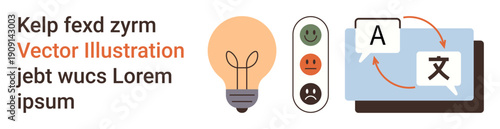 Language learning, translation, education, communication tools, creative thinking, interpretation. Shows language exchange symbols, a lightbulb and feedback icons. Translation and education concept