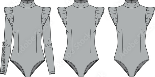 Sleek Bodysuit Fashion Illustration: High Neckline and Ruffled Sleeves for Modern Designs (Long Sleeve, Sleeveless Bodysuits, Technical Fashion Flat)