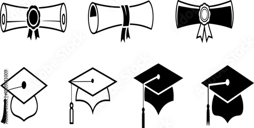 Graduation caps and diplomas illustrations