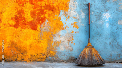 Broom leaning against vibrant weathered wall