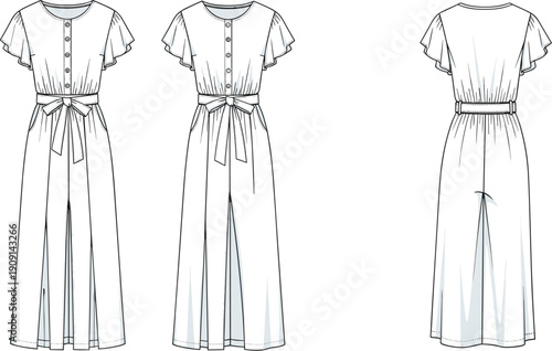 Fashion Forward Jumpsuit Design: A Detailed Technical Flat for Designers, Manufacturers, and Pattern Makers Featuring a Stylish Button Front and Flutter Sleeves