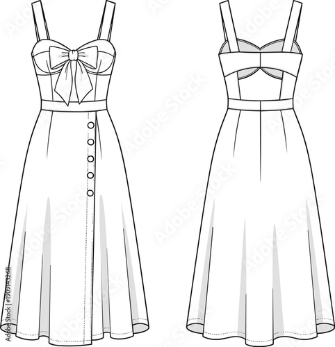 Elegant Vintage Sundress Design: Technical Fashion Flat Sketch with Bow Bodice, Button-Front Skirt, and Open Back for Fashion Design and Illustration Projects