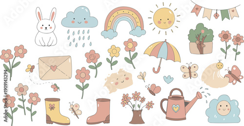 Whimsical illustration of gardening and weather themed objects and flowers