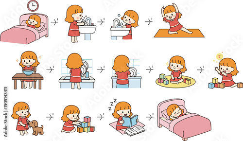 Cute Cartoon Little Girl Daily Routine Sequence Showing Waking Up Washing Hands Exercising Eating Playing With Blocks Reading And Sleeping For Kids Education