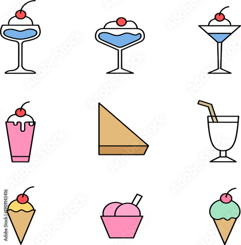 Colorful dessert icons featuring ice cream sundaes and cake