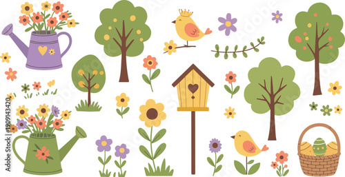 Whimsical garden scene with flowers birds trees and gardening tools illustration