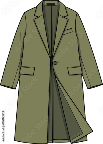 Fashionable and Versatile Olive Green Overcoat Illustration for Autumn and Winter Wardrobes, Ideal for E-Commerce, Style Guides, and Fashion Design Projects