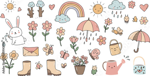 Whimsical springtime illustration of flowers umbrellas boots and rainbows on white