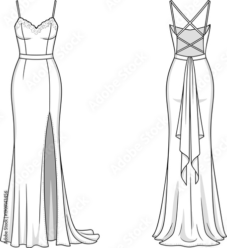 Elegant Evening Gown Design: Sleek Silhouette with Lace and Slit - Perfect for Fashion Design, Illustration, and Bridal Collections