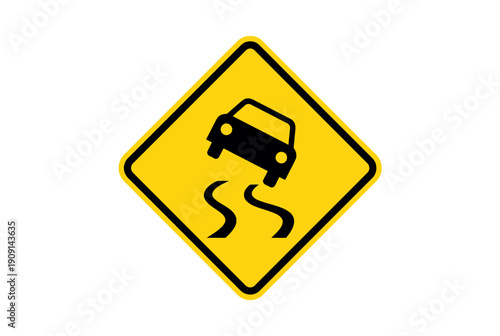 Yellow diamond road sign with black car and wavy lines