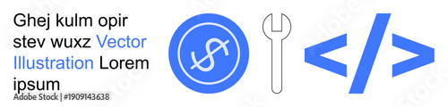 Technology, software engineering, coding, digital development, web tools, financial programming. Coin symbol, wrench tool and code brackets . Technology and software engineering concept