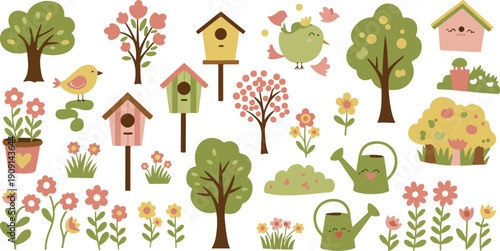 Whimsical garden illustration with trees flowers birdhouses and watering can