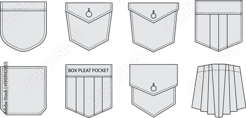 Technical Flat Fashion Sketches: Diverse Pocket Designs for Apparel Manufacturing, Garment Production, and Creative Sewing Projects, Illustrating Versatile Sewing Patterns