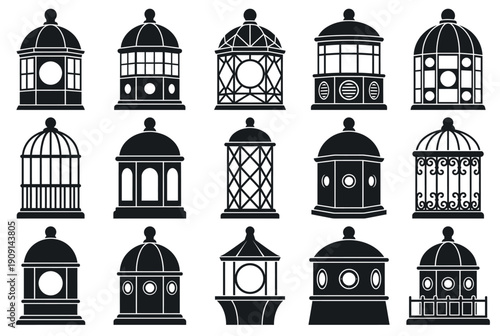 Black and white birdcage silhouettes in various designs and shapes  bird cages