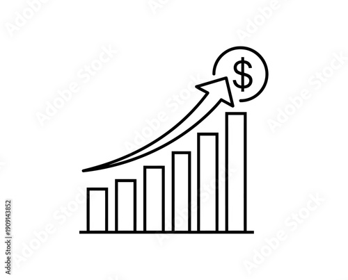 Line graph with arrow and dollar sign on white background showing growth