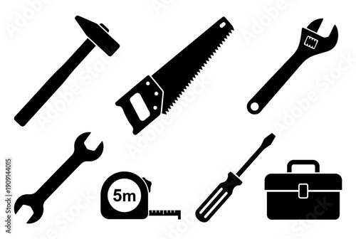 Collection of tools for construction and repair work on white background