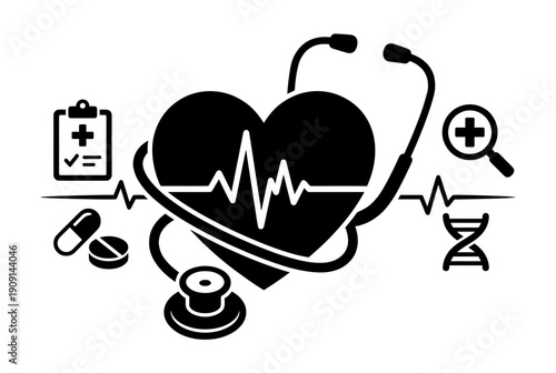 Medical icons with heart stethoscope and pills on white background