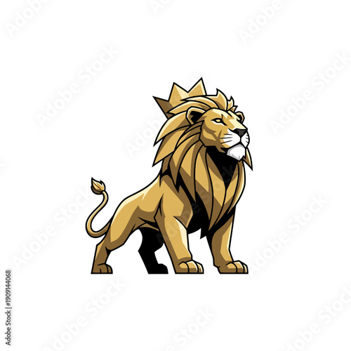 Illustration of a majestic lion standing proudly with a strong mane and fierce expression