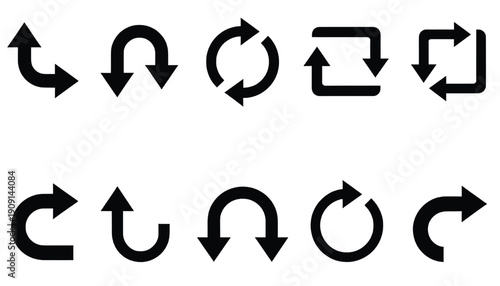 Arrows icon set with undo redo refresh reload repeat and cycle symbols, black solid glyph pictograms for user interface navigation, web apps and software controls