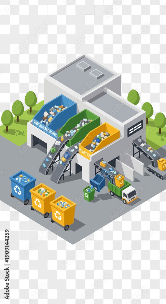 Fototapeta premium Recycling center with sorting bins and vehicles