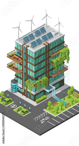 Modern green building with solar panels and wind turbines.