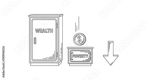 Wealth distribution concept: coin falling into poverty box, arrow down