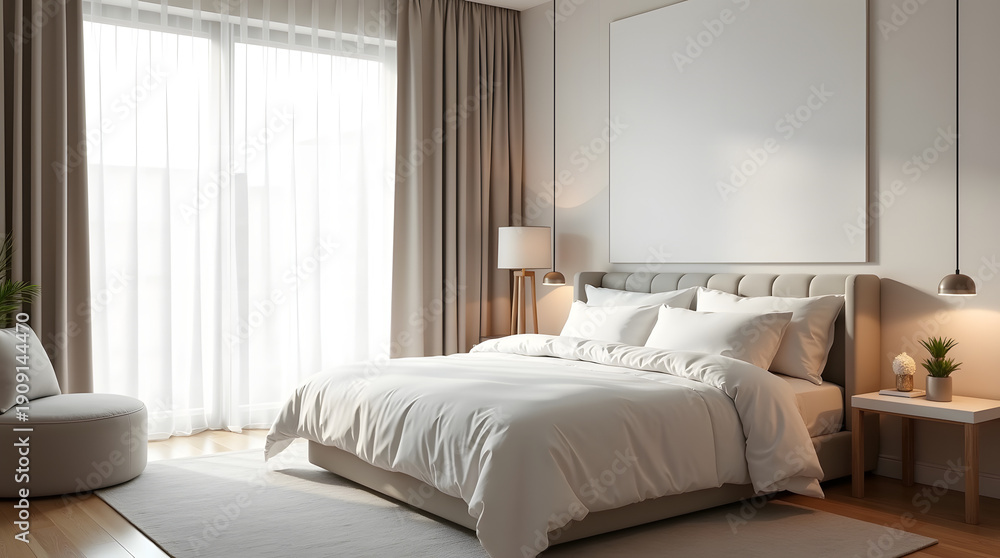 Fototapeta premium A serene and minimalist bedroom featuring a cozy bed, soft lighting, and elegant curtains for a calm atmosphere.