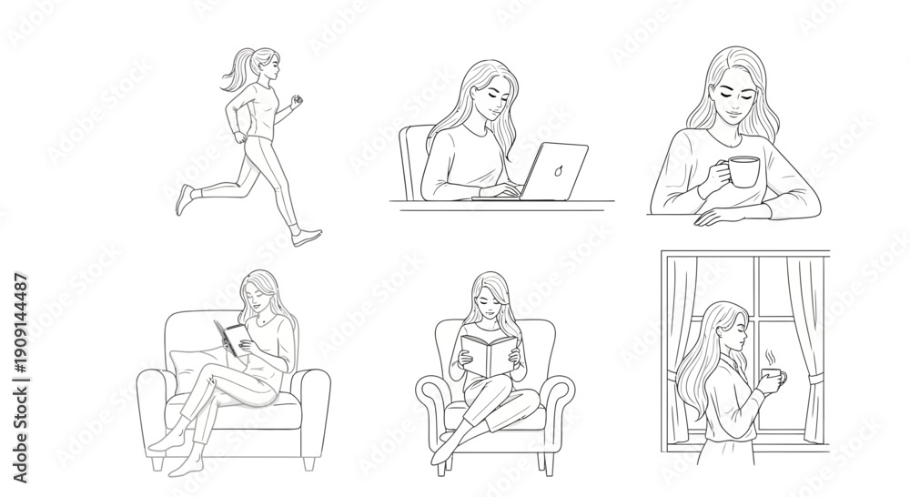 Obraz premium Woman's Daily Life: Running, Working, Reading, Drinking Coffee, Relaxing by Window