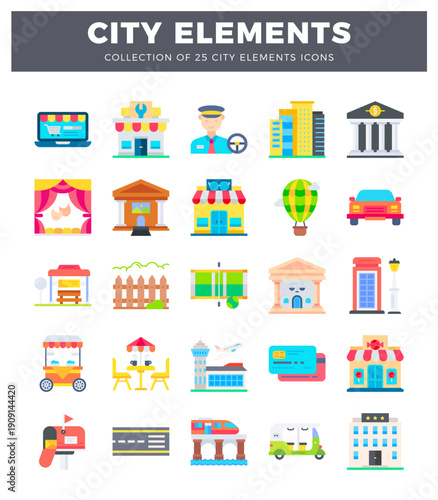 Vector icons of city elements and buildings on white