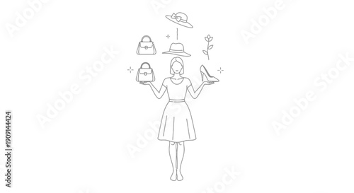 Woman juggling fashion accessories: hats, handbags, shoes, and rose