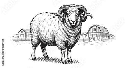 Large ram with curved horns standing in front of a rural farm landscape with barns in a vintage woodcut engraving style.