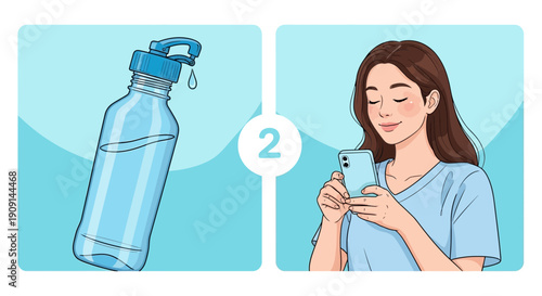Woman using smartphone, water bottle with dripping lid, healthy hydration reminder