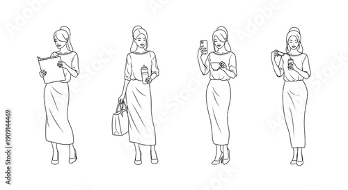Woman's Daily Life: Reading, Coffee Break, Phone Call, and Eating - Line Art Illustration