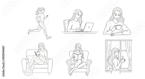 Woman's Daily Life: Running, Working, Reading, Drinking Coffee, Relaxing by Window