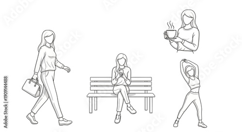 Woman's Daily Life: Walking, Sitting, Stretching, Drinking Coffee, Using Phone