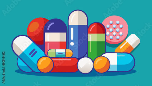 Simple vector icons of medical tablets and capsules in various colors, symbolizing healthcare, pharmaceuticals, and wellness.