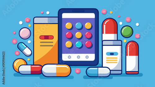Flat illustration of colorful medical tablets and capsules isolated on a white background, representing healthcare and medicine.