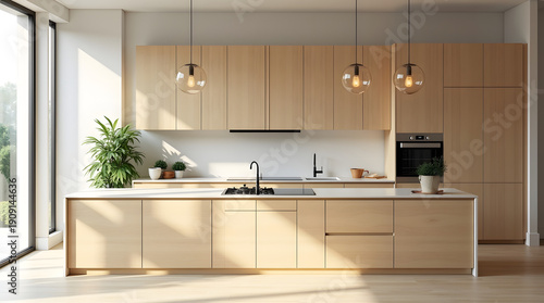 Bright and modern kitchen with wooden cabinetry and stylish pendant lights, creating a warm and inviting atmosphere.