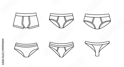 Underwear Types Icons Set: Boxer Briefs, Briefs, Thongs, Hipsters, Bikini