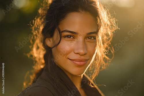 Confident Latin model with freckled skin, loose curly hair and olive jacket, smiling gently at camera in warm golden hour backlight