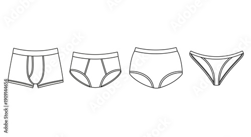 Underwear Types Vector Illustration: Boxer Briefs, Briefs, Hipsters, Thongs